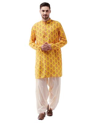 Men'S Multicolor-Base-Mustard And Cream Muslin Cotton Kurta And Patiala Set 1