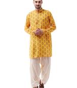 Men'S Multicolor-Base-Mustard And Cream Muslin Cotton Kurta And Patiala Set