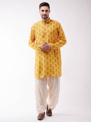 Men'S Multicolor-Base-Mustard And Cream Muslin Cotton Kurta And Patiala Set 2