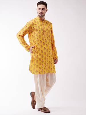 Men'S Multicolor-Base-Mustard And Cream Muslin Cotton Kurta And Patiala Set 3