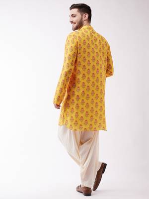 Men'S Multicolor-Base-Mustard And Cream Muslin Cotton Kurta And Patiala Set 4