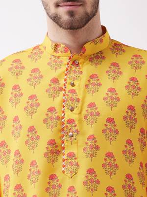 Men'S Multicolor-Base-Mustard And Cream Muslin Cotton Kurta And Patiala Set 5