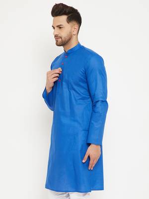Blue Plain Cotton Men-Kurtas 3