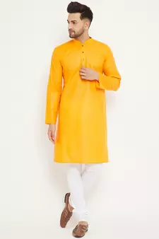 Orange Plain Cotton Kurta-Pajama