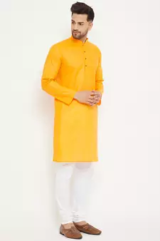 Orange Plain Cotton Kurta-Pajama