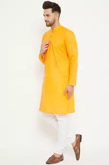Orange Plain Cotton Kurta-Pajama