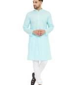 Blue Plain Cotton Kurta-Pajama