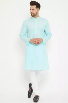 Blue Plain Cotton Kurta-Pajama
