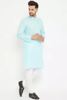 Blue Plain Cotton Kurta-Pajama