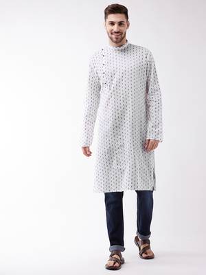 White And Blue Cotton Kurta 2