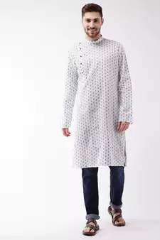 White And Blue Cotton Kurta