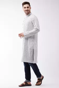 White And Blue Cotton Kurta