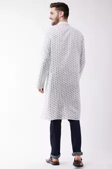 White And Blue Cotton Kurta