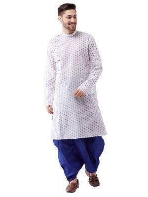 Men'S White And Blue Cotton Kurta And Dhoti Set 1
