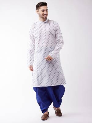 Men'S White And Blue Cotton Kurta And Dhoti Set 2