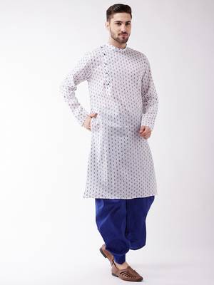 Men'S White And Blue Cotton Kurta And Dhoti Set 3