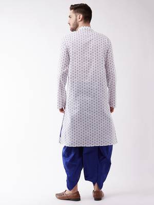 Men'S White And Blue Cotton Kurta And Dhoti Set 4