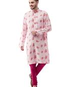Multicolor-Base-Pink Muslin Blend Kurta Pyjama Set