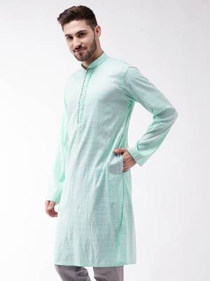 Men'S Aqua Blue Cotton Blend Kurta 3