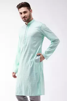 Men'S Aqua Blue Cotton Blend Kurta