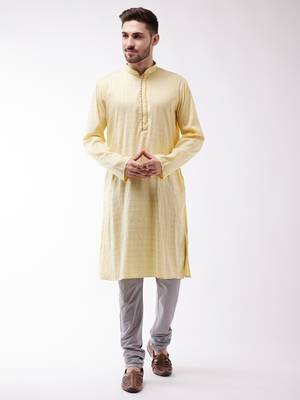 Men'S Yellow Cotton Blend Kurta 2