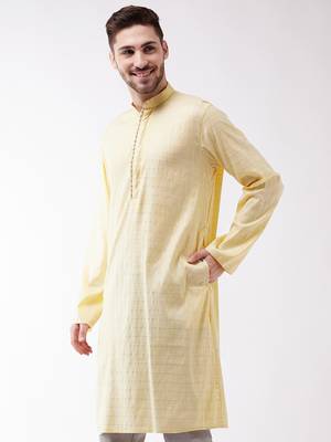Men'S Yellow Cotton Blend Kurta 3
