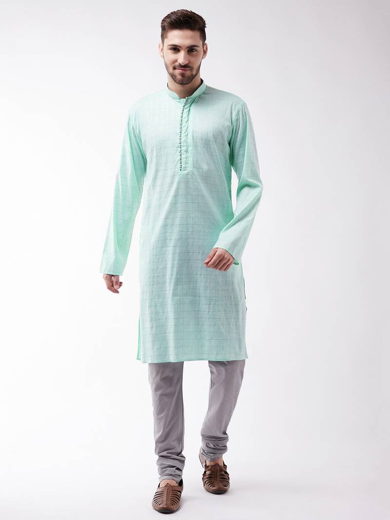 Blue woven blended cotton kurta-pajama