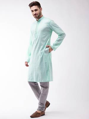 Blue woven blended cotton kurta-pajama 3