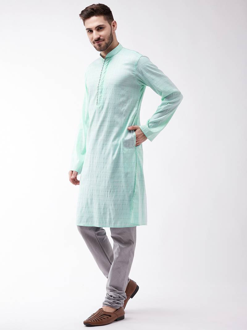 Blue woven blended cotton kurta-pajama