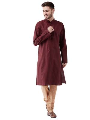 Maroon And Rose Gold Cotton Blend Kurta Pyjama Set 1