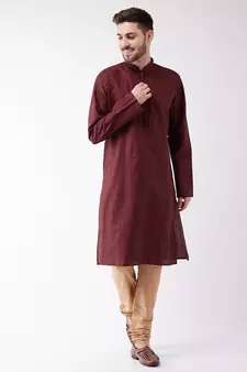 Maroon And Rose Gold Cotton Blend Kurta Pyjama Set