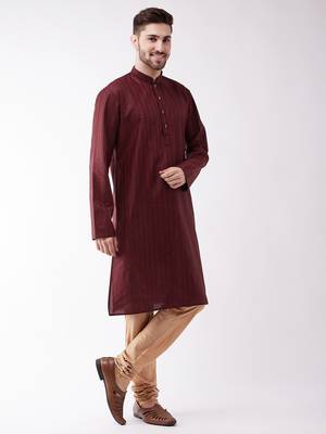 Maroon And Rose Gold Cotton Blend Kurta Pyjama Set 3
