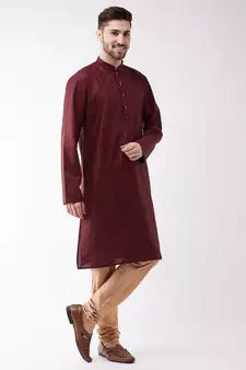 Maroon And Rose Gold Cotton Blend Kurta Pyjama Set