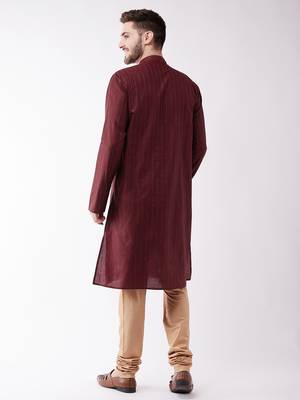 Maroon And Rose Gold Cotton Blend Kurta Pyjama Set 4