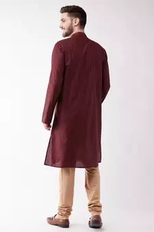 Maroon And Rose Gold Cotton Blend Kurta Pyjama Set