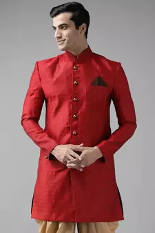 Men'S Maroon Silk Blend Sherwani Only Top