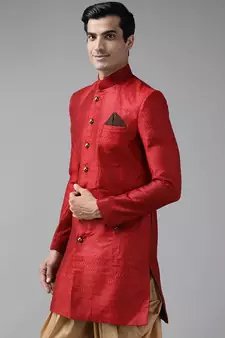 Men'S Maroon Silk Blend Sherwani Only Top