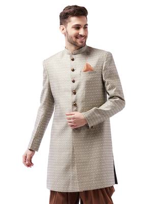 Men'S Beige Silk Blend Sherwani Only Top 1