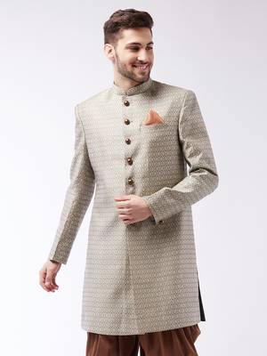 Men'S Beige Silk Blend Sherwani Only Top 2