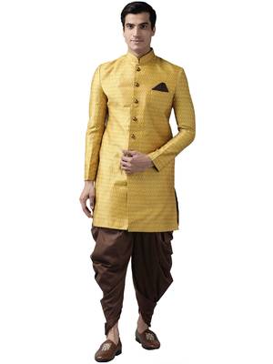 Yellow woven silk blend sherwani 1