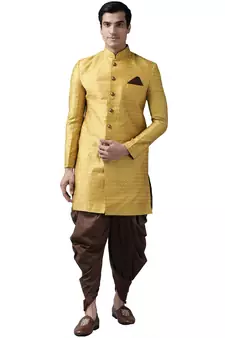Yellow woven silk blend sherwani