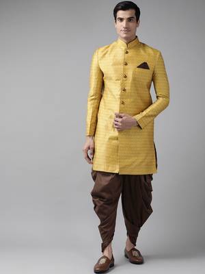 Yellow woven silk blend sherwani 2