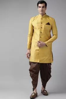 Yellow woven silk blend sherwani