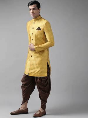 Yellow woven silk blend sherwani 3