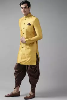 Yellow woven silk blend sherwani