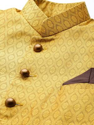 Yellow woven silk blend sherwani 5