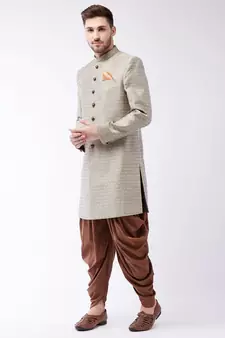 Maroon And Rose Gold Silk Blend Sherwani Set