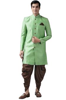 Green Woven Silk Blend Sherwani