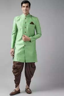 Green Woven Silk Blend Sherwani
