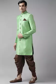 Green Woven Silk Blend Sherwani